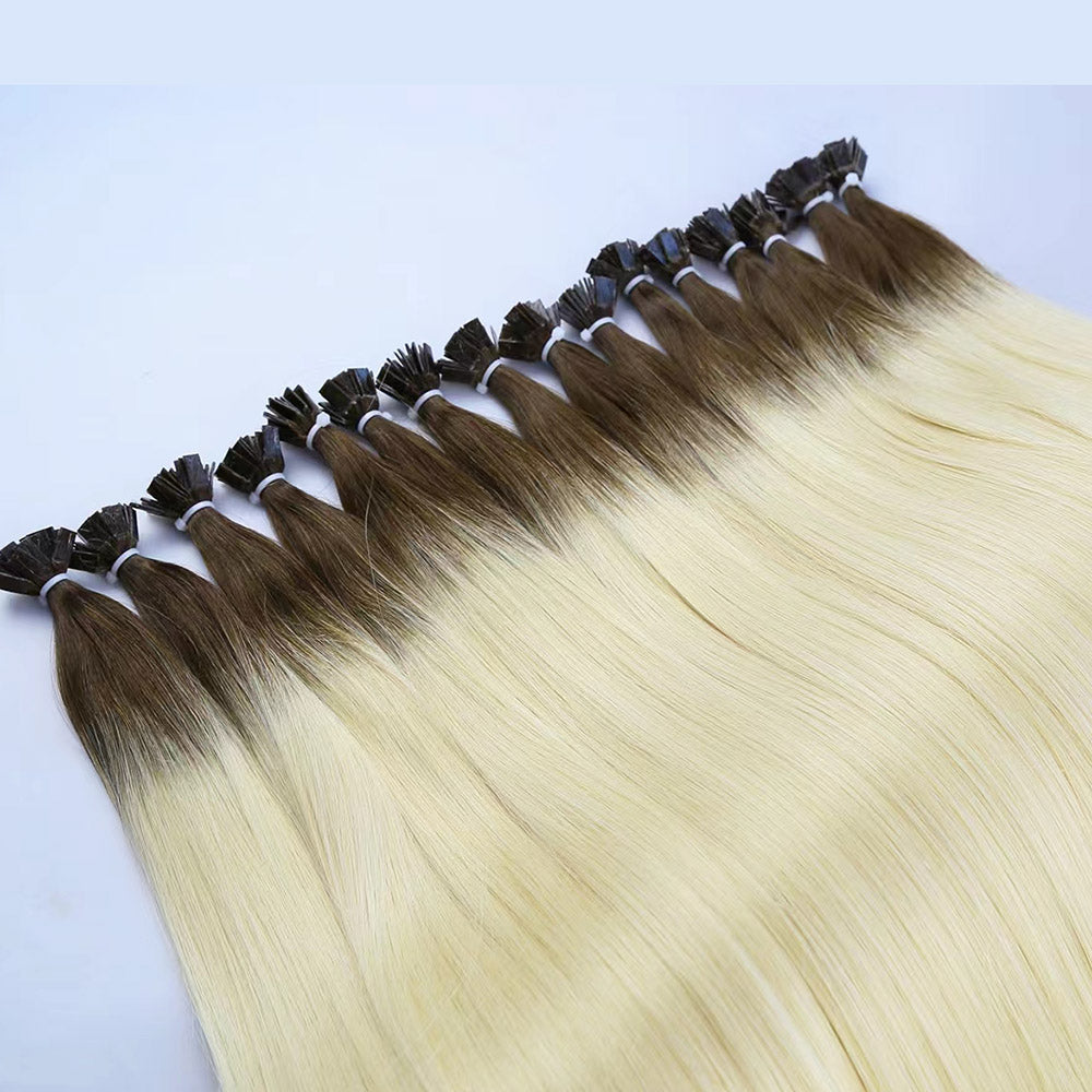 Chocolate Brown Root Blonde Virgin Human Hair Flat Tip Extensions