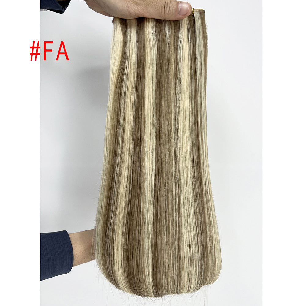 Brown with blonde highlights Thin Band Virgin Hair Sew In Genius Weft Extensions