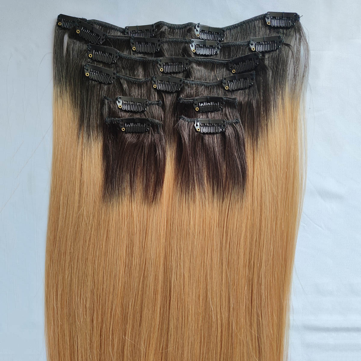 Darkest Brown Root Honey Blonde Virgin Hair Clip In Extensions 8pcs set