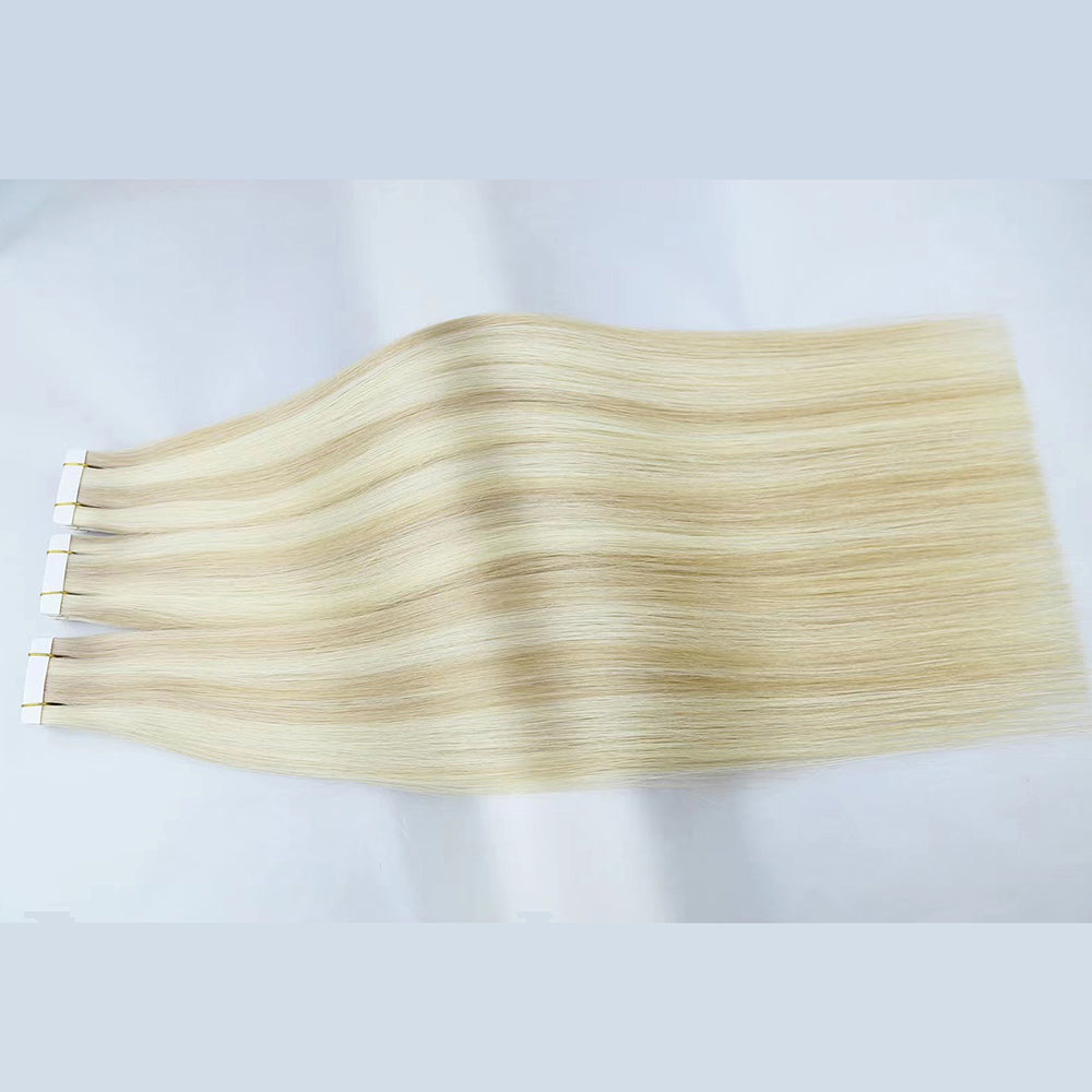 Ash Blonde with Lightest Blonde Highlights Virgin Human Hair Tape In Extensions