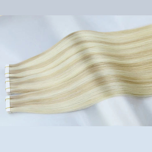 Ash Blonde with Lightest Blonde Highlights Virgin Human Hair Tape In Extensions