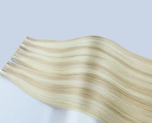 Ash Blonde with Lightest Blonde Highlights Virgin Human Hair Tape In Extensions