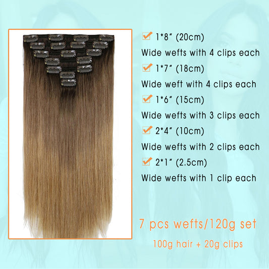 Darkest Brown Root with Chestnut Brown Fading to Honey Blonde Clip In Hair Extensions