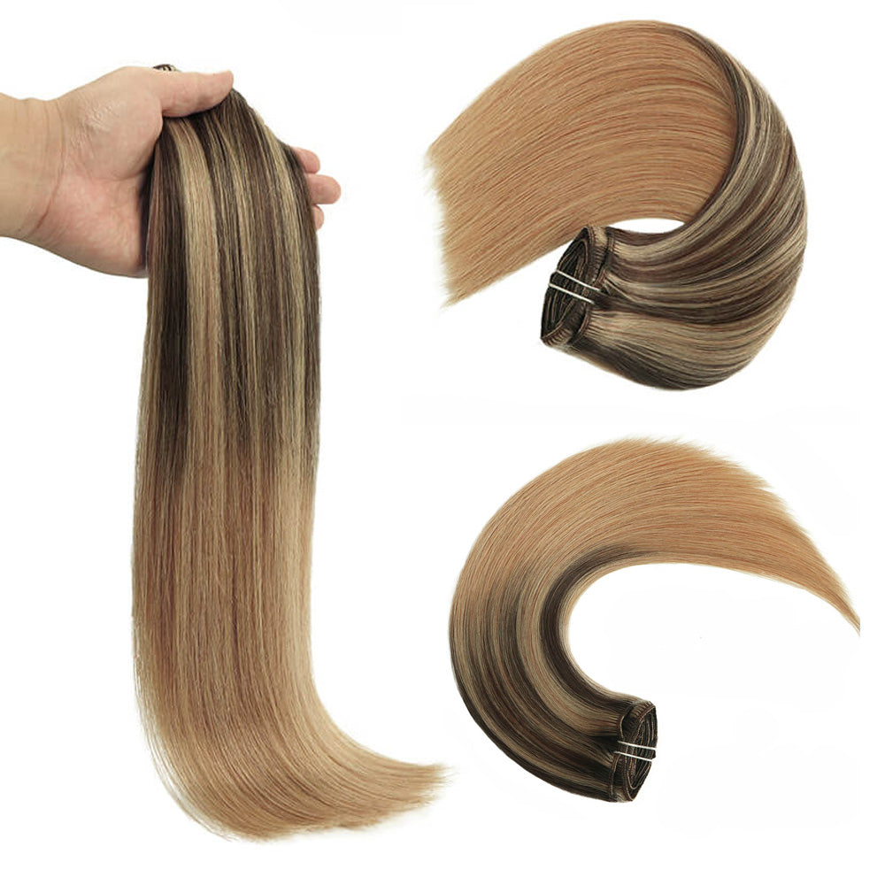 Chocolate Brown with Ash Brown Highlights Fading to Honey Blonde Clip In Hair Extensions