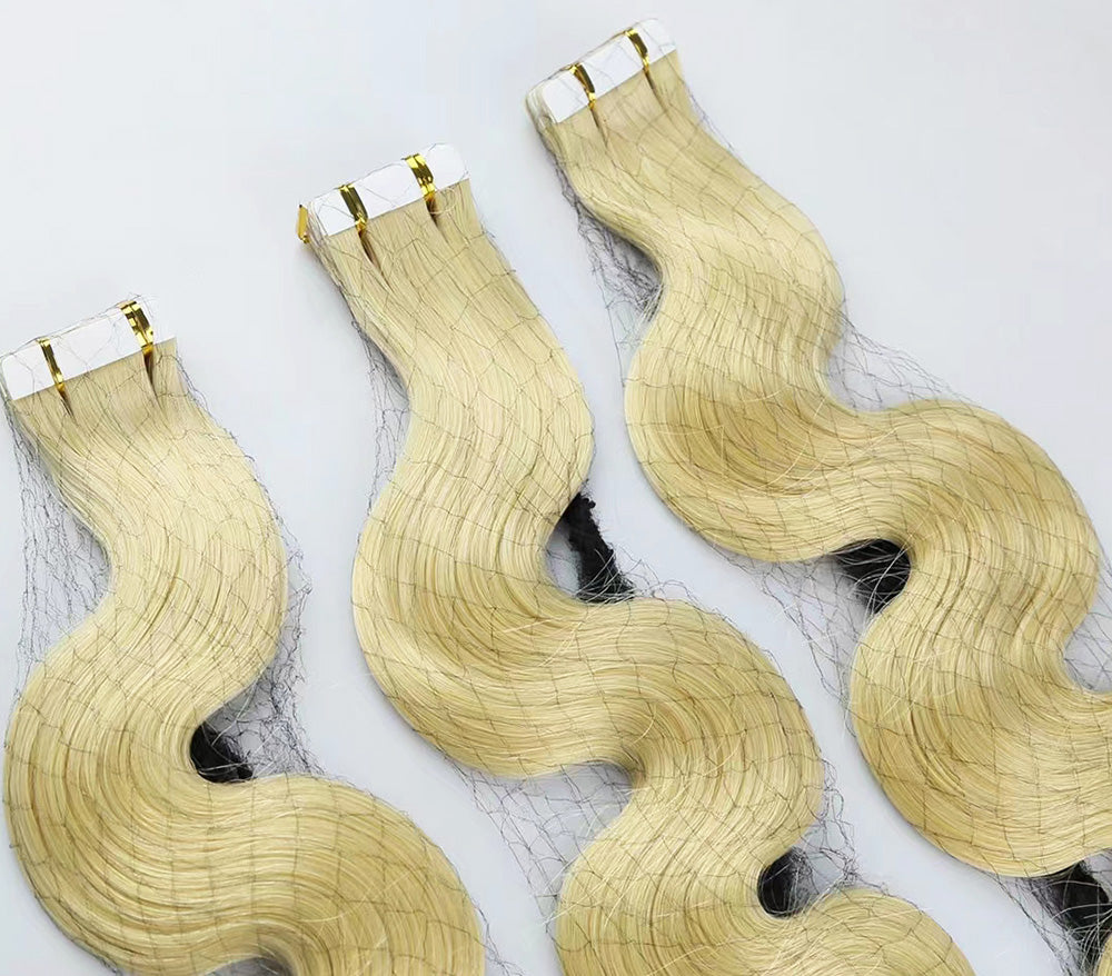 Bleached Blonde Virgin Human Hair Body Wave Tape In Extensions