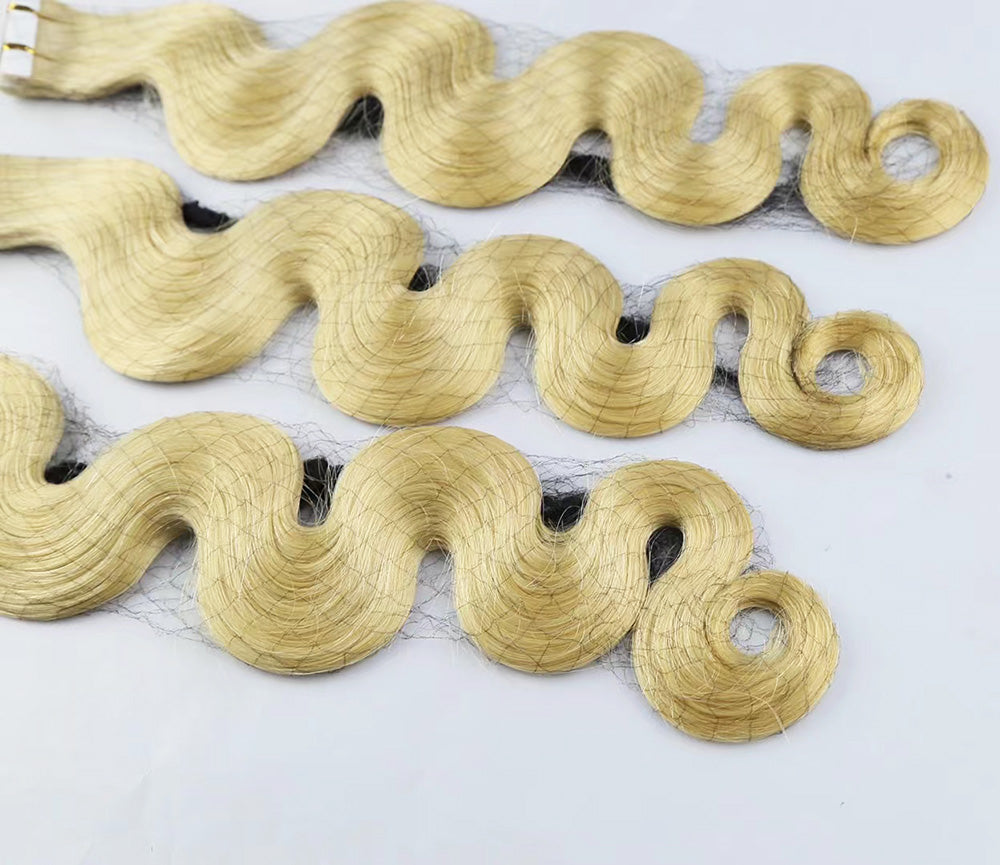 Bleached Blonde Virgin Human Hair Body Wave Tape In Extensions
