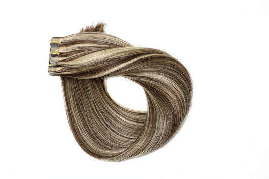Bleached Blonde with Dark Brown Highlights Straight Tape In Hair Extensions