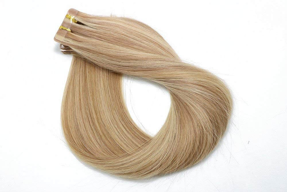 Golden Brown with Bleached Blonde Highlights Straight Tape In Hair Extensions