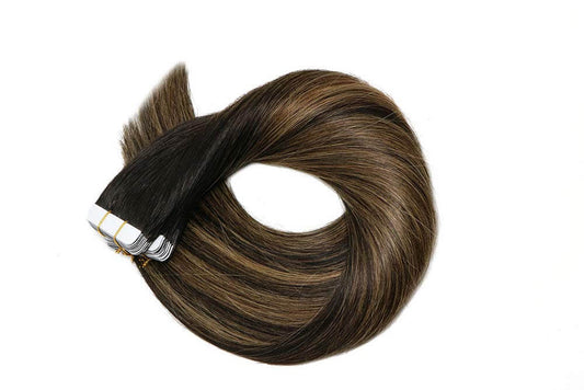 Natural Black Root with Chestnut Highlights Straight Tape In Hair Extensions