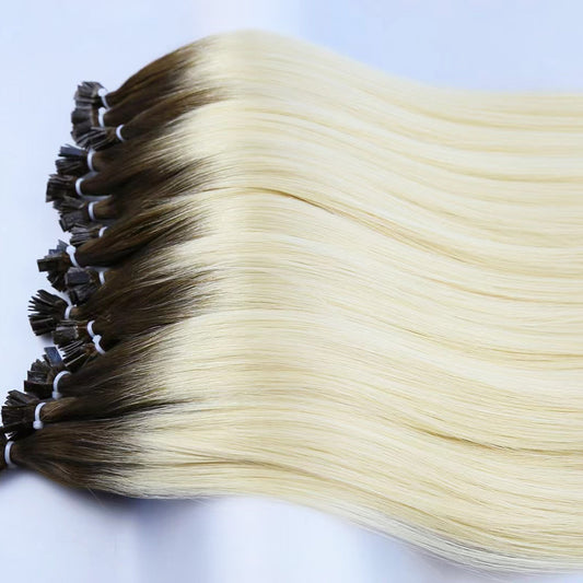 Chocolate Brown Root Blonde Virgin Human Hair Flat Tip Extensions
