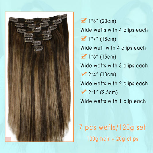 Chocolate Brown Root with Honey Blonde Highlights Clip In Hair Extensions 120g Set
