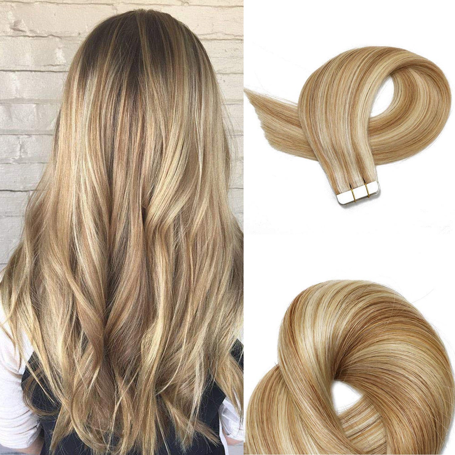 Golden Brown with Bleached Blonde Highlights Straight Tape In Hair Extensions