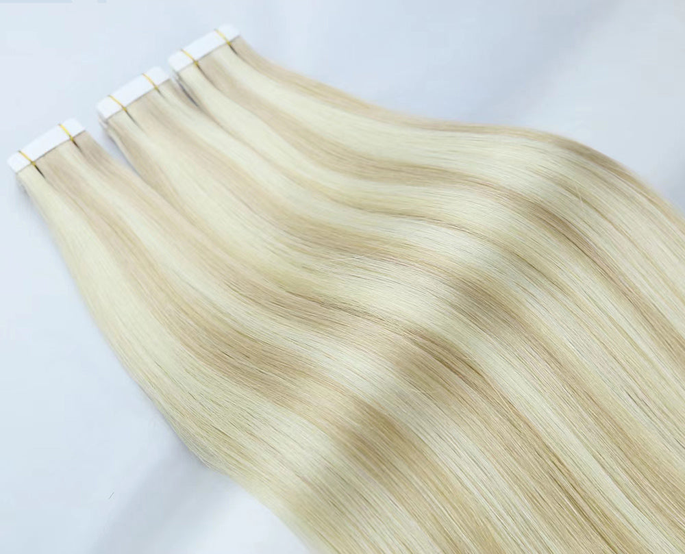 Ash Blonde with Lightest Blonde Highlights Virgin Human Hair Tape In Extensions