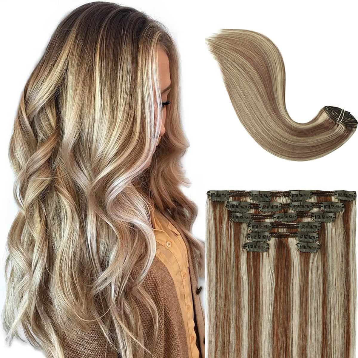 Ash Blonde with Platinum Blonde Highlights Clip In Hair Extensions 120g Set