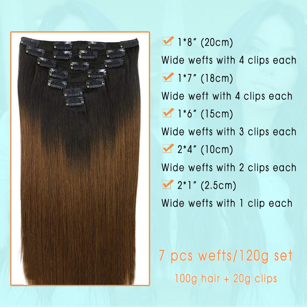 Natural Black Root Chocolate Brown Clip In Hair Extensions 120g set