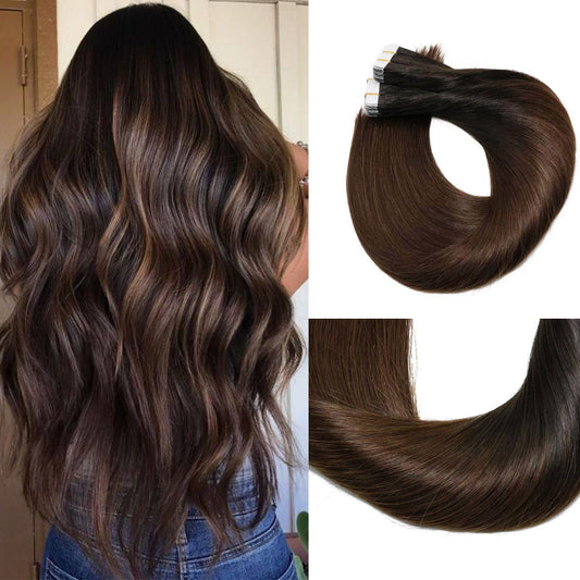 Black Root Chocolate Brown Straight Tape In Hair Extensions