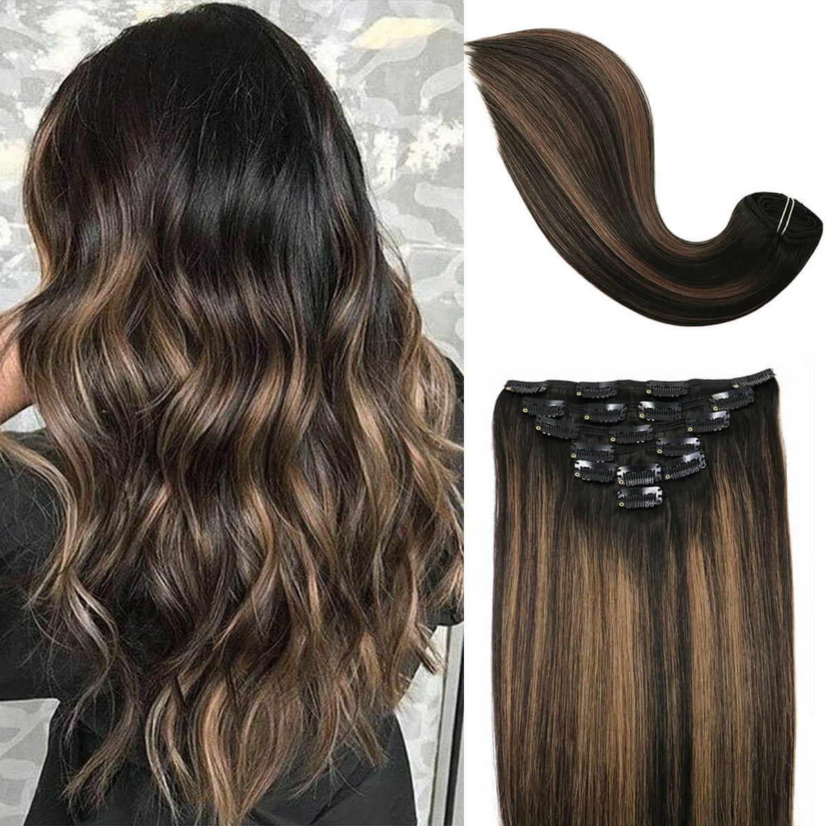 Natural Black Root with Chestnut Brown Highlights Clip In Hair Extensions