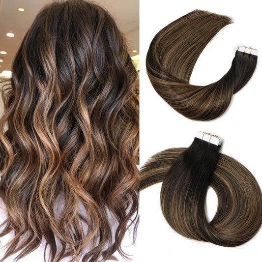 Natural Black Root with Chestnut Highlights Straight Tape In Hair Extensions
