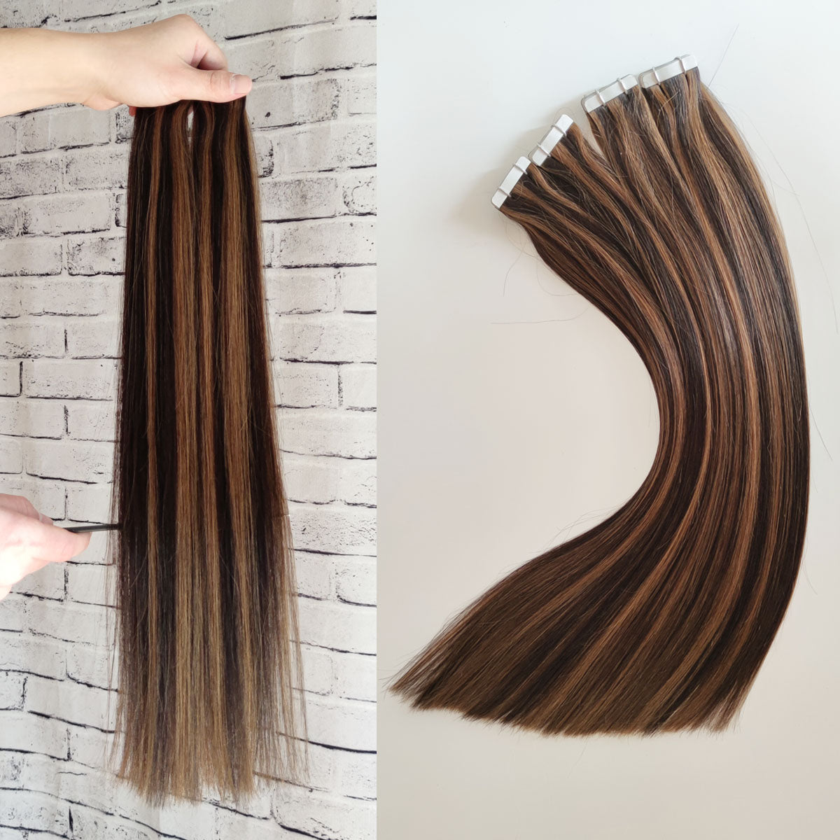 Darkest Brown with Ash Brown Highlights Tape In Remy Human Hair Extensions