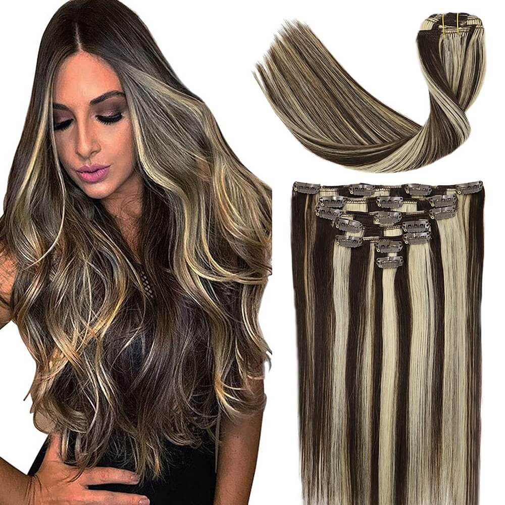 Darkest Brown with Bleached Blonde Highlights Clip In Hair Extensions 120g Set
