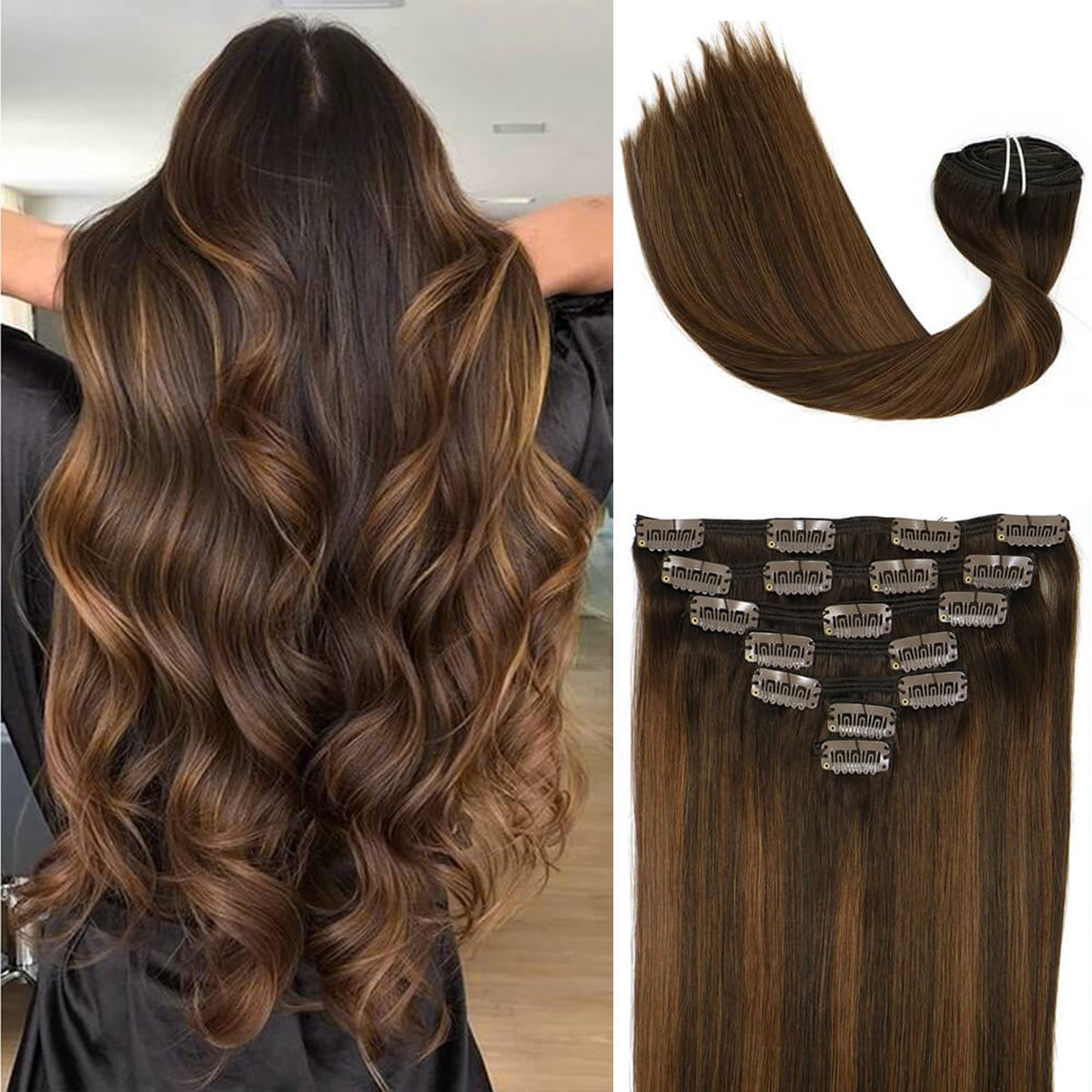 Darkest Brown Root with Chestnut Brown Highlights Clip In Hair Extensions