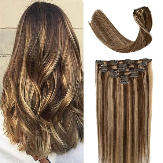 Chocolate Brown with Honey Blonde Highlights Clip In Hair Extensions 120g Set