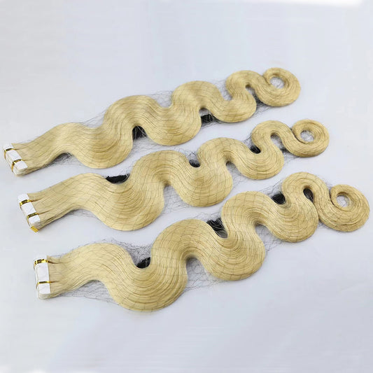Bleached Blonde Virgin Human Hair Body Wave Tape In Extensions