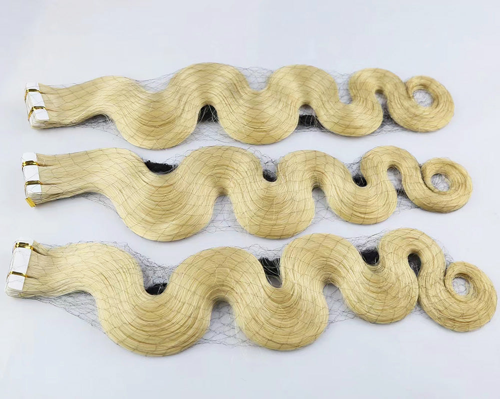 Bleached Blonde Virgin Human Hair Body Wave Tape In Extensions