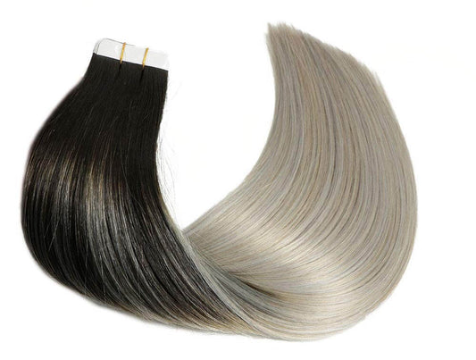 Black Root Silver Grey Straight Tape In Hair Extensions