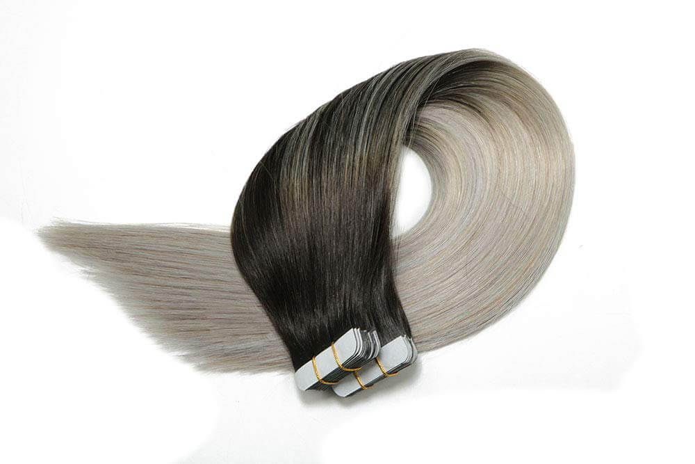 Black Root Silver Grey Straight Tape In Hair Extensions
